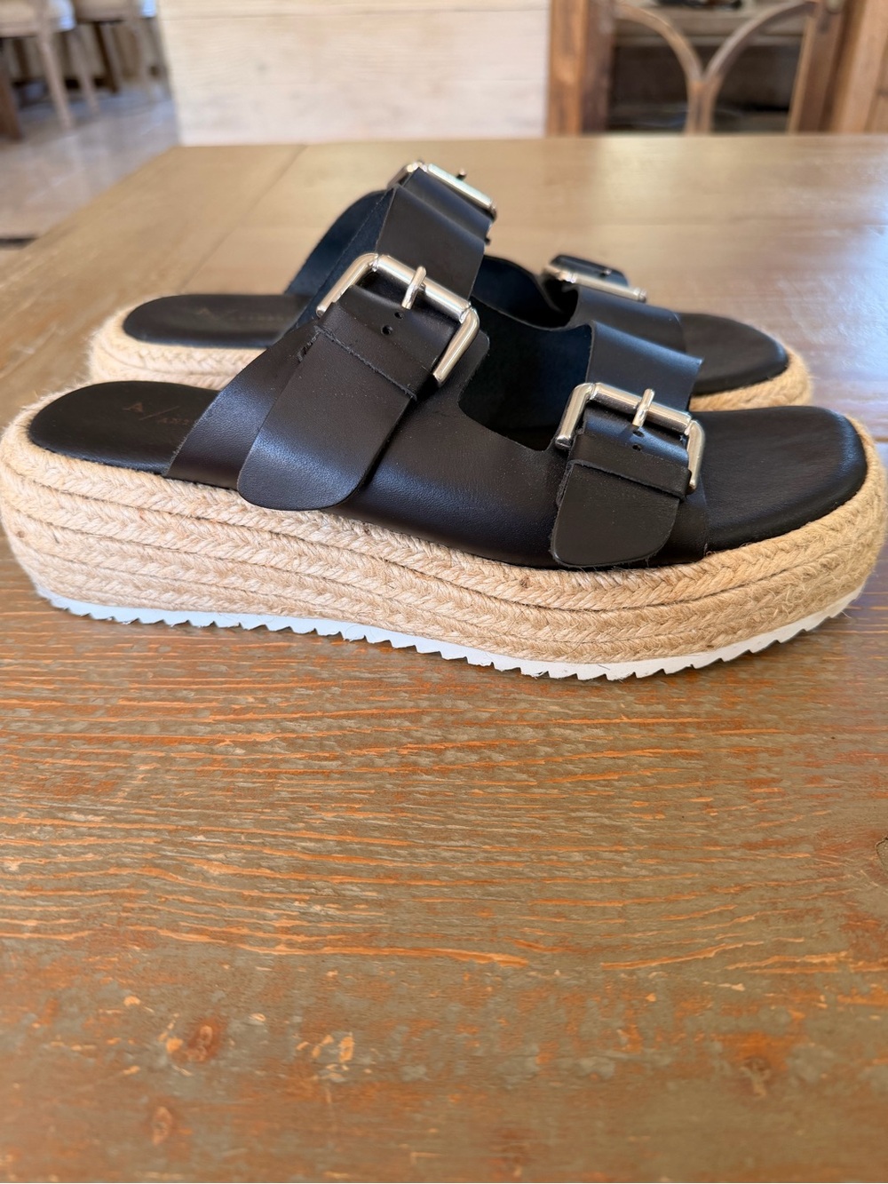 Anthropologie Black Double-Buckle Espadrille Platform Slide Sandals size 41